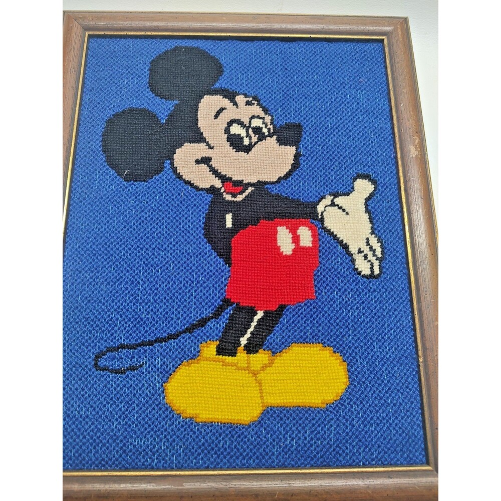 Vintage Disney Mickey Mouse Needlepoint framed 10-1/2" x 13-1/4"